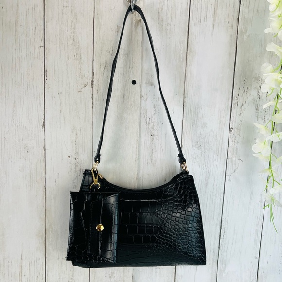 NWT Black Croc shoulder bag Faux Patent, leather Square Shape - Picture 9 of 13